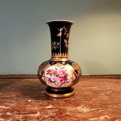 #ad Antique Long Neck Bulbous Form Cobalt Ground Floral Bouquet Vase $375.00