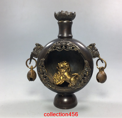 #ad 4“Old China antique brass Back flow incense Lion statue $103.32