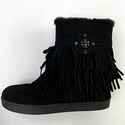 #ad Tory Burch Boots Women 8 Collins Leather Fringe Fur Lined Ankle Logo Core Cruise $339.97