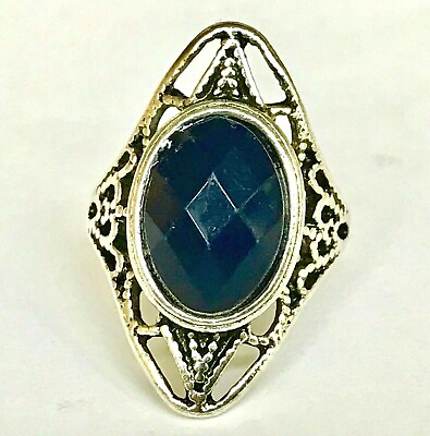 #ad Silver Boho Art Deco Cocktail Ring Size 6 Simulated Sapphire Blue Stone Plated $5.99