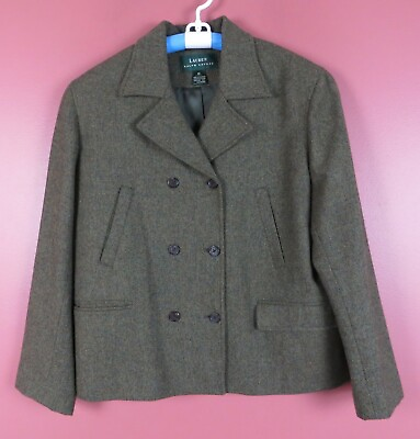#ad CJ0744 RALPH LAUREN Womens 100% Lamb Wool Jacket Pocket Green Grainy Sz 10 $86.25