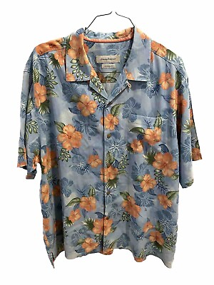#ad Tommy Bahama Mens Blue 100% Silk Floral Short Sleeve Hawaiian Camp Shirt Size XL $29.99