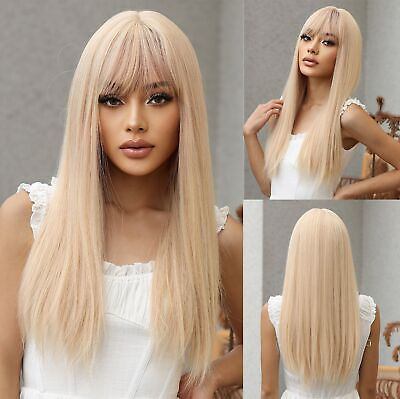 #ad Cosplay Wig with bangs Long Straight Party Women Blonde Heat Resistant Hair $18.99