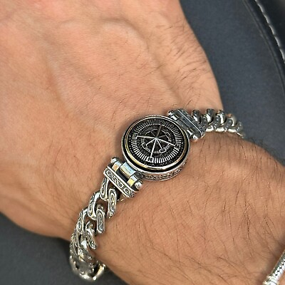 #ad Silver 925 Curb Link Bracelet Silver Compass Signet Bracelet 925k Silver 65GR $185.00