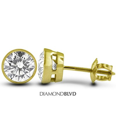 #ad 0.93 CT F SI1 Ex Round Certified Diamonds 14KY Bezel Set Modern Style Studs 1.2g $1089.00
