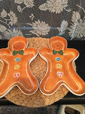 #ad CERAMIC HOME INTERIOR GINGERBREAD MAN SHAPED SNACK PLATES SET OF 2 $20.00