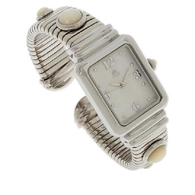 #ad HSN Colleen Lopez Stainless Steel Mother Of Pearl Gemstone Dial Cuff Watch $108.99