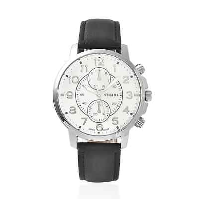 #ad STRADA Japanese Movement Multifunction Button Watch Black White Leather Strap $25.99