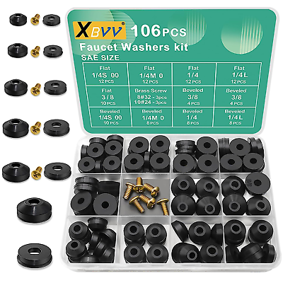 #ad 106 PCs Faucet Washer Assortment Kit with Assorted Flat amp; Beveled Rubber Washers $15.99
