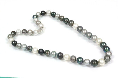 #ad 10 MM Cultured Multicolor Pearl Diamond Solid 14k White Gold Strand Necklace 16quot; $4139.10