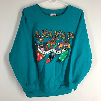 #ad 1988 Vintage Hanes Seasons Greetings Christmas Men#x27;s Blue Large Sweatshirt $12.99