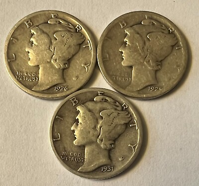 #ad 1926 P 1929 D 1931 S SET OF 3 MERCURY DIMES COINS SAME AS SHOWN IN PHOTO #25 $19.99