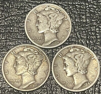 #ad Mercury Dime 1943 P D S 10¢ US Silver Coins 3 Mercury Dimes 90% Silver $12.00