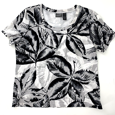 #ad Additions by Chicos 3 Palm Leaf Top Short Sleeve Shirt XL Black White Metallic $16.95