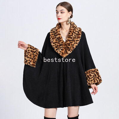 #ad Faux Fur Collar Leopard Printed Womens Cape Oversize Cloak Knitted Cardigan Coat $94.79