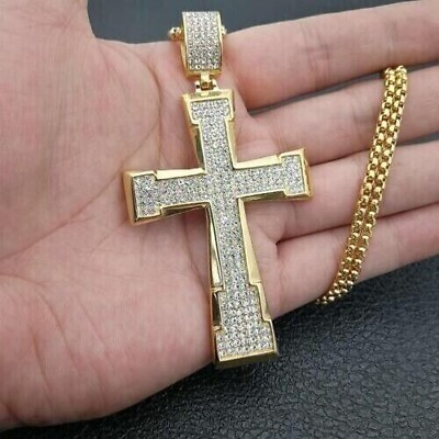 #ad 3.50Ct Round Cut Simulated Diamond Cross 2 Inch Pendant 14K Yellow Gold Plated $138.99