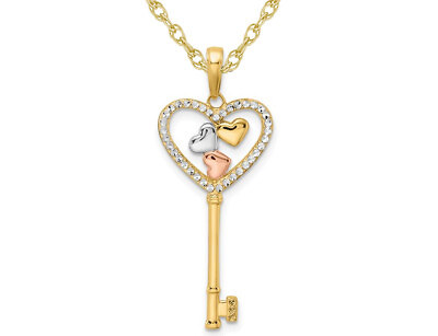 #ad 14K Yellow Gold Key Heart Charm Pendant Necklace with Chain $295.00