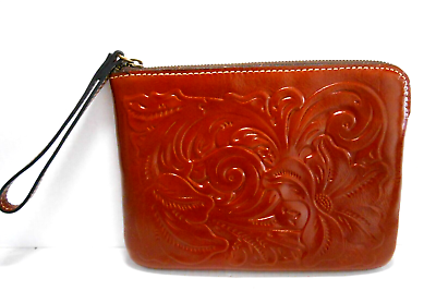 #ad Patricia Nash Tooled Floral Cassini Florence Brown Leather Wristlet Clutch Purse $30.00