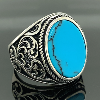 #ad Men HandmadeTurquoise Gemstone Stone 925k Sterling Silver Oval Gemstone Ring $85.00