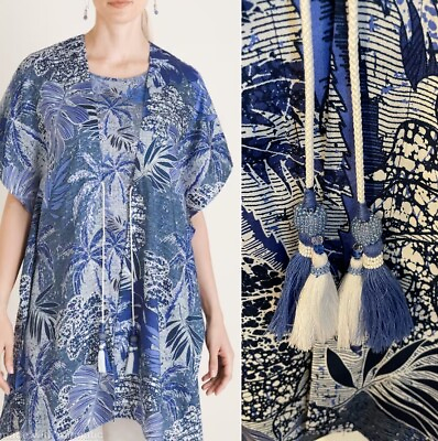 #ad Chico’s Blue Palm Print Beaded Tassel Kimono Top Size S M $26.00