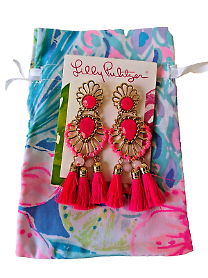 #ad Lilly Pulitzer NEW Earrings PINK Chandelier Drop w Tassels with Pouch $39.95