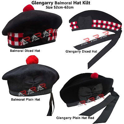 Men#x27;s Scottish Glengarry Kilt Hats Diced amp; Plain 100% Wool Piper 52 62 AAR $19.90