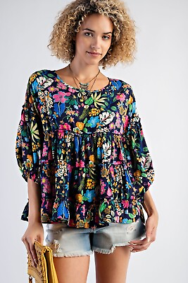 #ad Easel Floral 3 4 Sleeve Tiered Top in Navy $48.00
