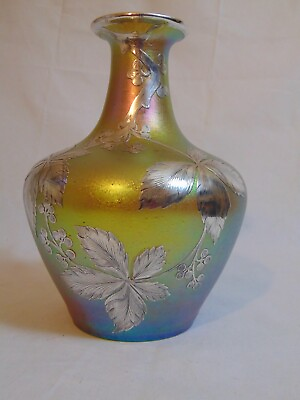 #ad Muller Freres Loetz Silberiris Iridescent Art Glass Silver Overlay Vase Bottle $750.00