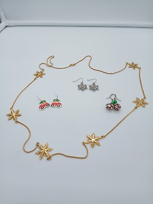 #ad Christmas Jewelry 3 Sets Of Xmas Earrings and 1 Snowflake 20 inch Necklace $12.00