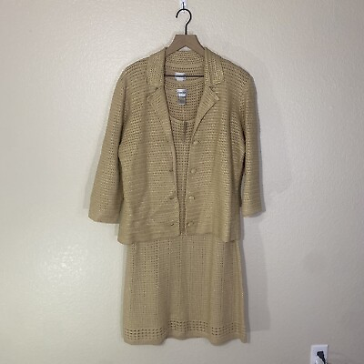 #ad Chico’s NWT 2 Pc Outfit Size 2 L Jacket Dress Metallic Gold Knit 100% Cotton $53.99