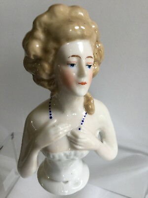 #ad Antique Half Doll Pin Cushion Lady Blue Necklace Goebel Germany 4” Porcelain $99.00