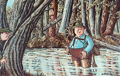 #ad Vintage Postcard 1957 Man Illegal Fishing Police Hide Behind Tree Cartoon Comic $8.98