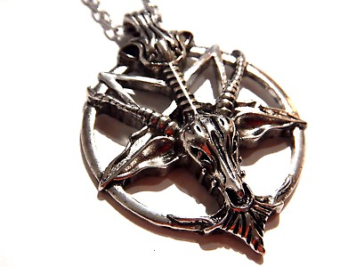 #ad SILVER BAPHOMET PENDANT goat inverted pentagram pentacle satan devil necklace 4E $7.19