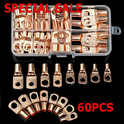 #ad 60pcs Battery Bare Copper Ring Lug Terminals Connector Wire Gauge SC6 25 Kit $9.99