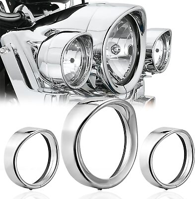 #ad 7quot;4.5quot; Headlight LampTrim Ring Bezel Visor Set Chrome For Harley FLHX FLHR $65.99