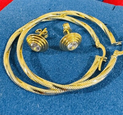#ad 18C 18K 750 Yellow genuine Gold 2 Set Stud Hoops Loops Earring 4.3g $499.99
