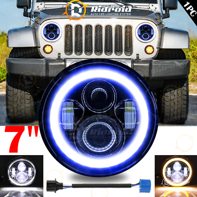 #ad 1x 7quot; inch Round LED Halo Headlight amp; Blue DRL For Jeep Wrangler JK LJ TJ CJ $29.98