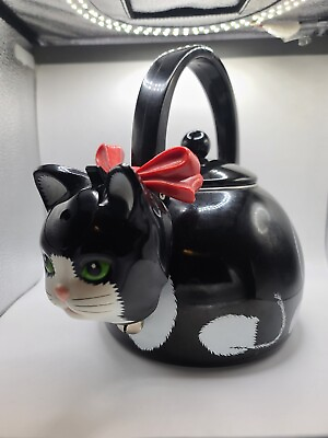 #ad Vintage 90s Cat Teapot Via Ancona Metal Kitty Cat Whistling Tea Kettle Black $45.98