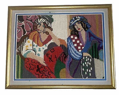 #ad Vntg Custom Framed Needlepoint Embroidery Portrait Ladies Modern Expressionism $68.88