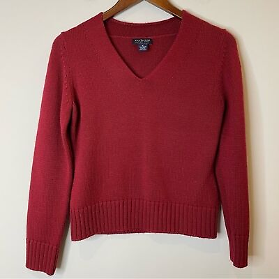 #ad Ann Taylor Factory Red V Neck Sweater Jumper Wool Blend Long Sleeve Holiday M $27.00
