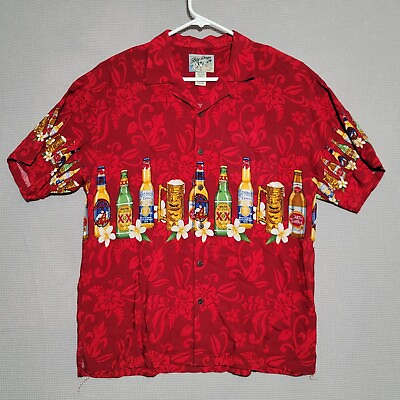 #ad Big Dogs Mens Hawaiian Shirt Size M Beer Bottles Red Floral Short Sleeve Casual $18.87