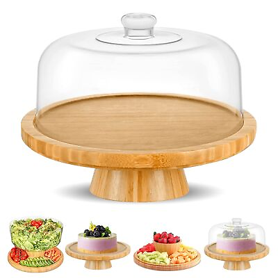 #ad Bamboo Cake Stand with Dome Multi Function 6 in 1 Cake Holder Serving Platter... $55.30