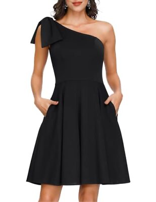 #ad JASAMBAC Elegant Womens Bow One Shoulder Formal Dress Black Large $7.99