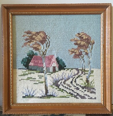 #ad Needlepoint house fall season white blue shades brown completed amp; framed 11” sq $21.00