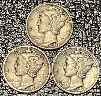 #ad Mercury Dime 1939 P D S 10¢ 90% Silver 3 Mercury Dimes US Silver Coins $13.00