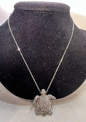 #ad Beautiful Silver Tone Pave Rhinestone Sea Turtle Pendant Necklace $12.95
