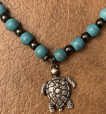 #ad 925 Silver Turtle Pendant Beaded Turquoise Black Necklace 18” $40.00