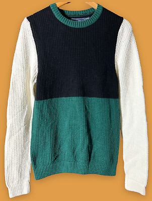 #ad NEW Topman Colorblock Black Green Waffle Knit Long Sleeve Pullover Sweater Top S $39.95