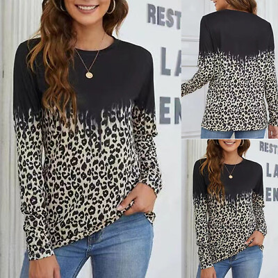 #ad Womens Leopard Long Sleeve T Shirts Loose Casual Blouse Ladies Tunic Tops Shirts $19.37