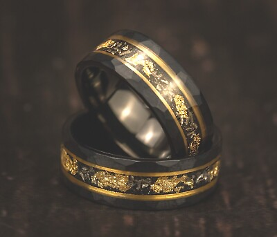 #ad Meteorite Hammered Gold Leaf Ring Black Hammered Men#x27;s Wedding Band Wooden Box $99.99